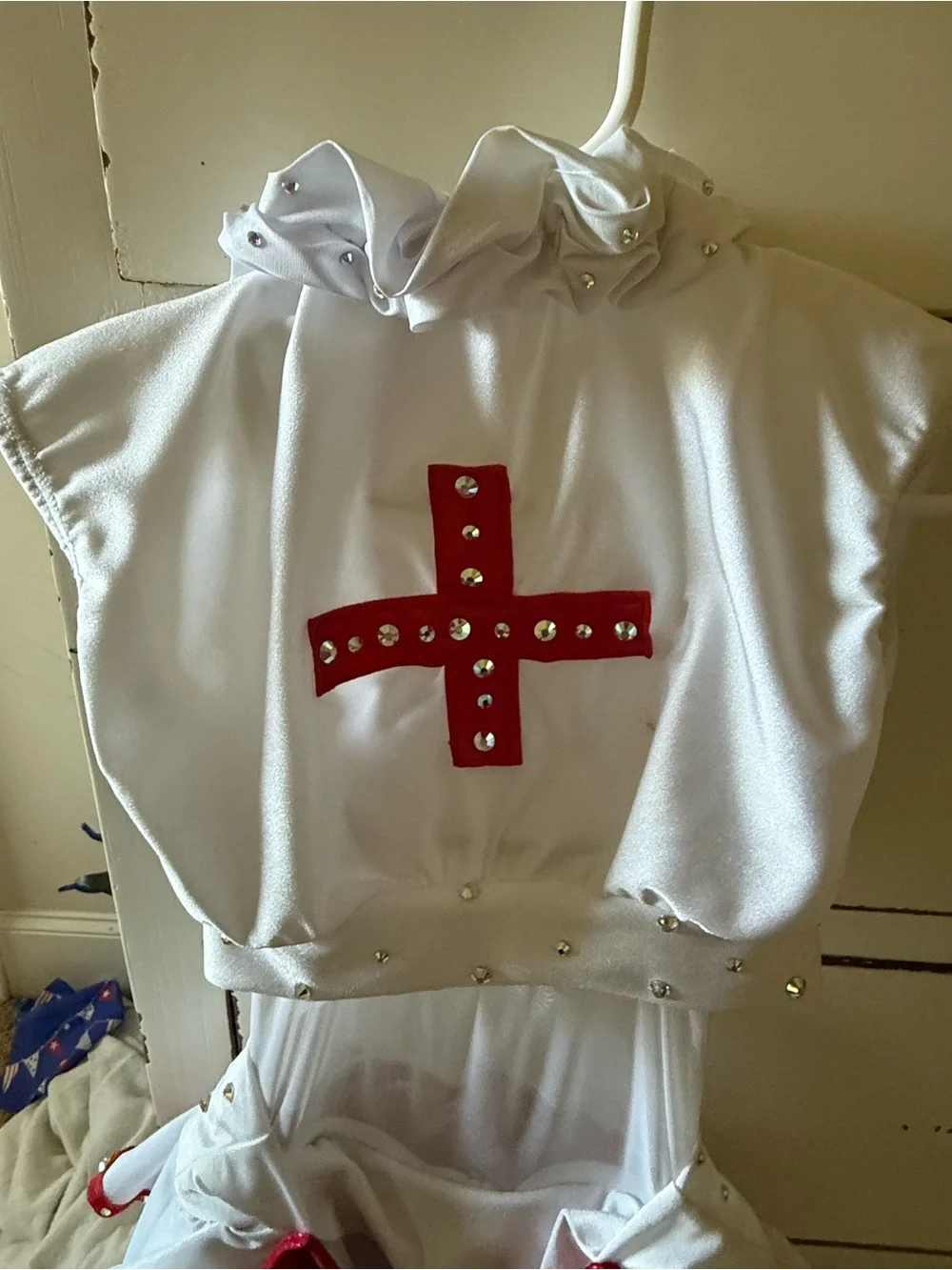 White & Red Kids Nurse Costume Dress with AB crystal rhinestones.
